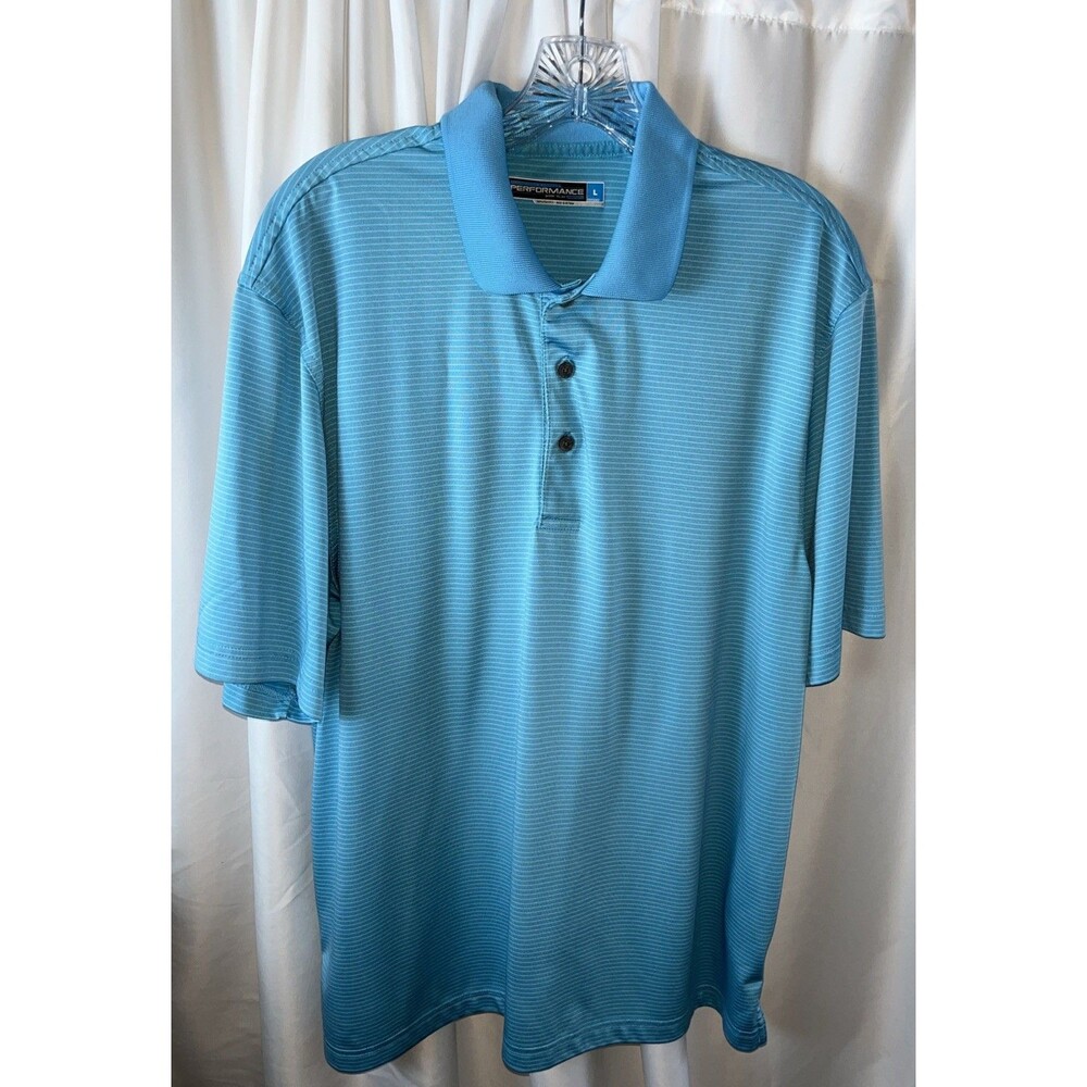 Roundtree & York Performance Work Play Men’s Light Blue Striped Polo Shirt L